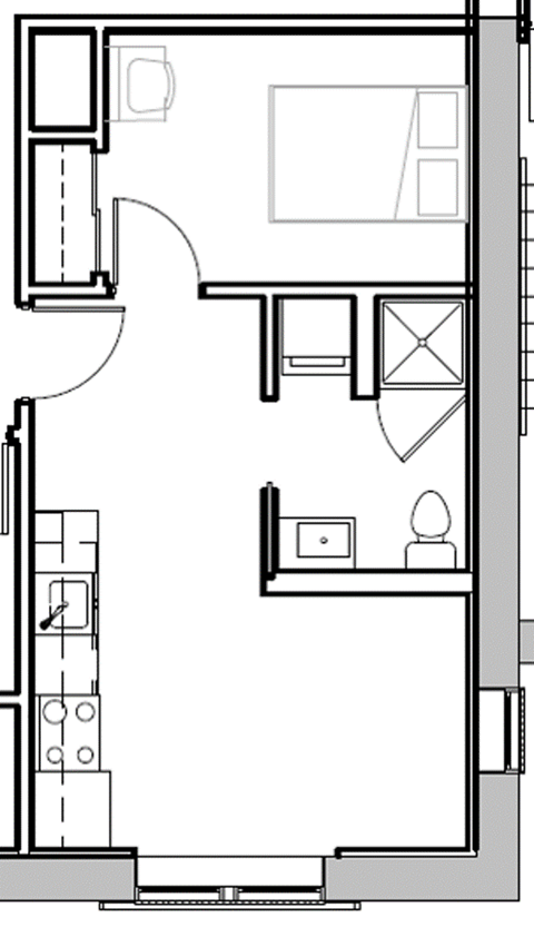 Floor plan for 1 bed, 1 bath, 380 sqft
